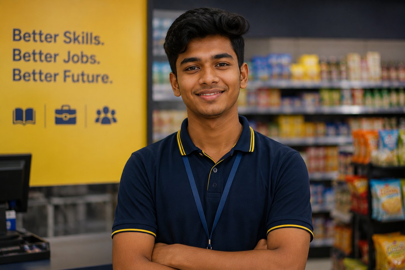 A young frontline retail worker in a Cubicly-branded store, standing in front of a Better Skills, Better Jobs, Better Future banner.