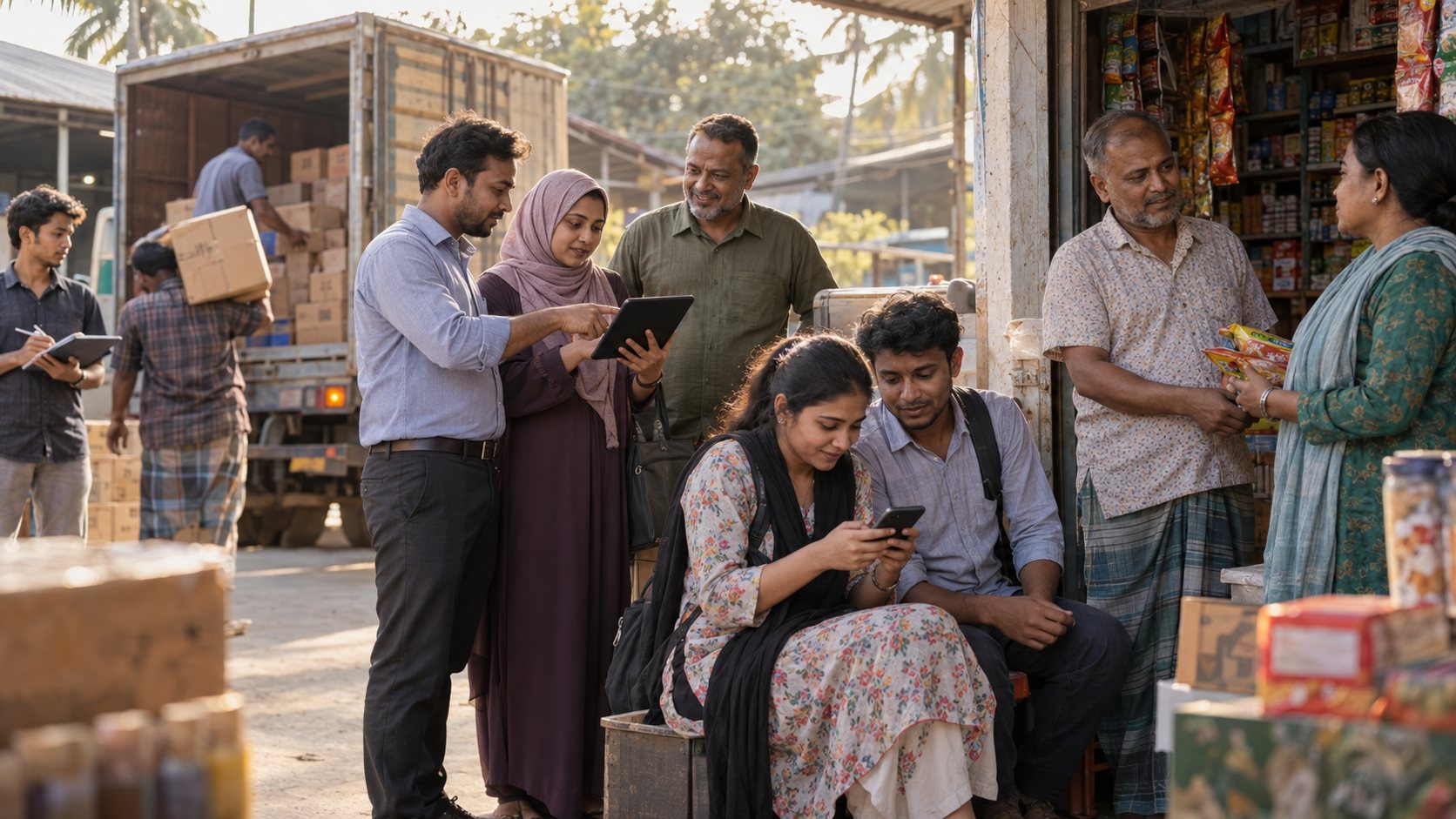 A team of young frontline workers and a supervisor at a distribution point in Bangladesh, checking orders on a tablet and a phone beside a delivery truck and a roadside shop