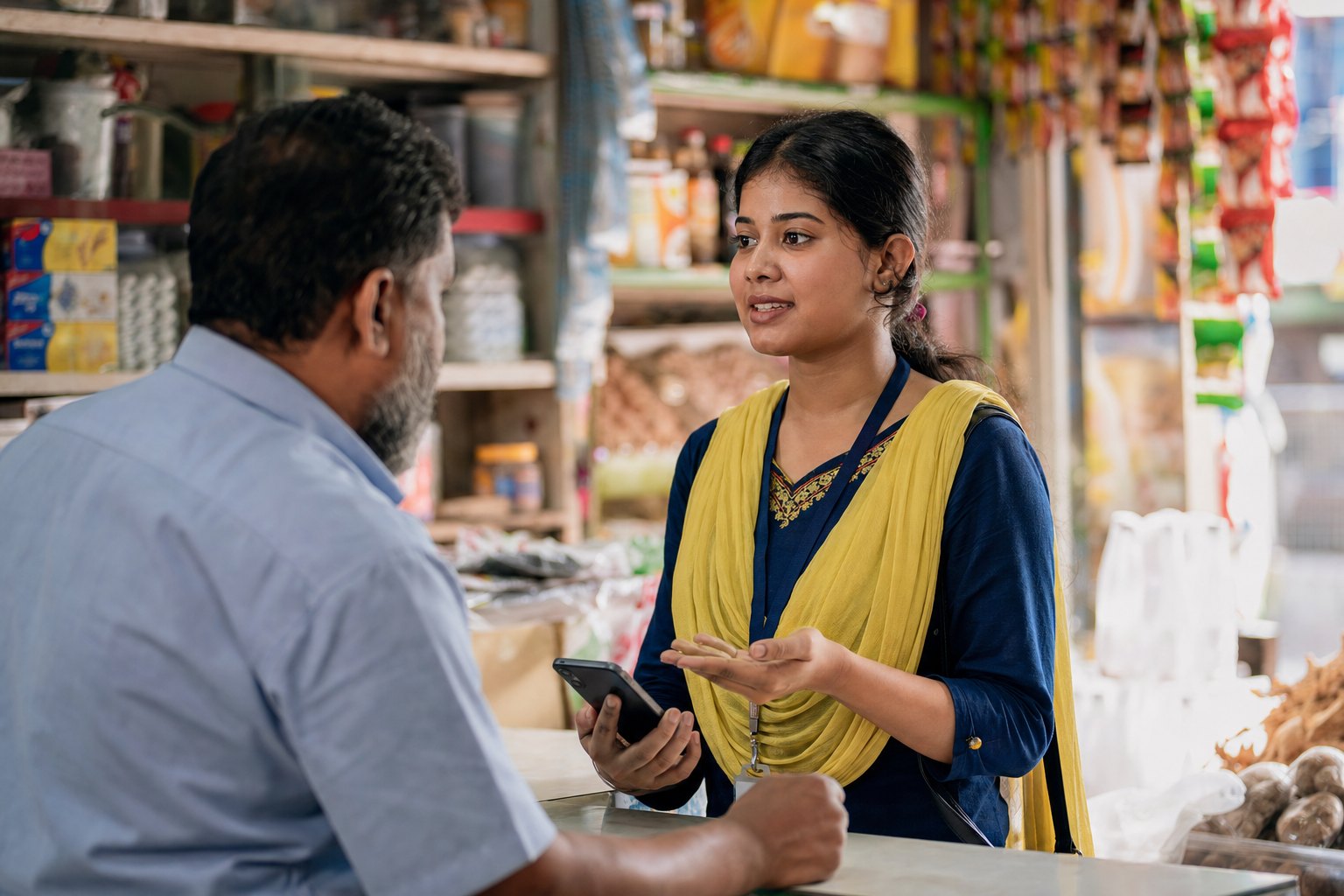 A Cubicly learner practising a sales conversation with a retailer at his shop counter in Bangladesh, phone in hand.