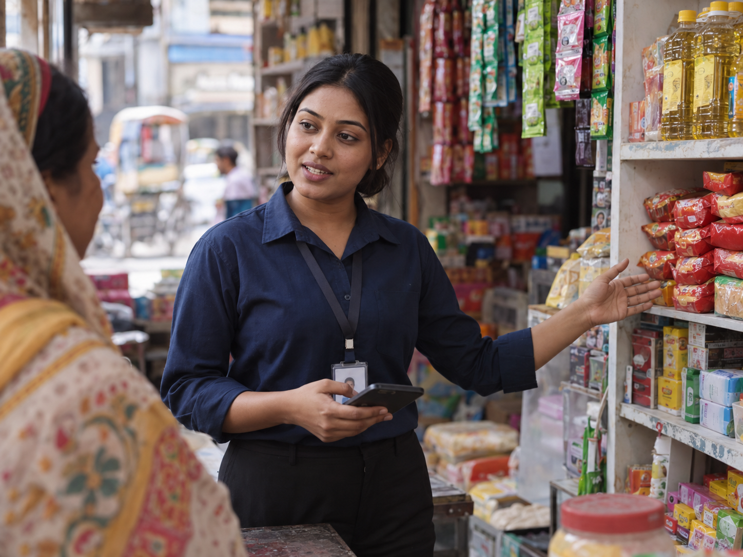 A female sales officer discussing a product order with a shopkeeper in a Bangladeshi grocery shop