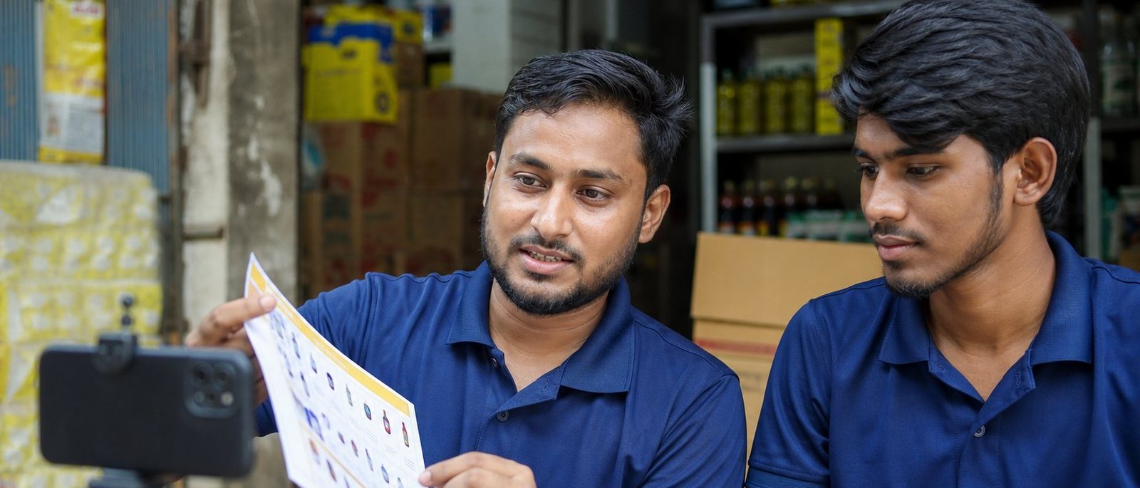 An experienced frontline sales worker showing a product sheet to a younger colleague outside a distribution shop, a phone on a tripod recording them.