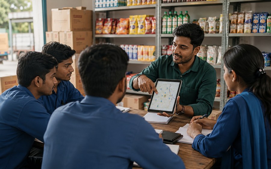 A mentor showing a group of trainees a route map on a tablet inside a distribution shop.