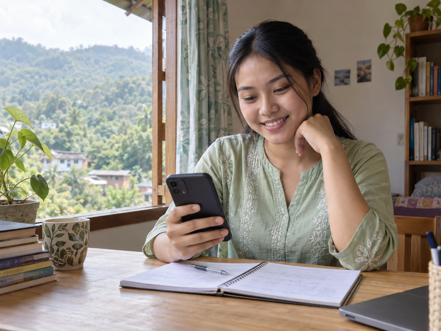 A fictional young learner using a phone at a desk in the Bangladesh hill region
