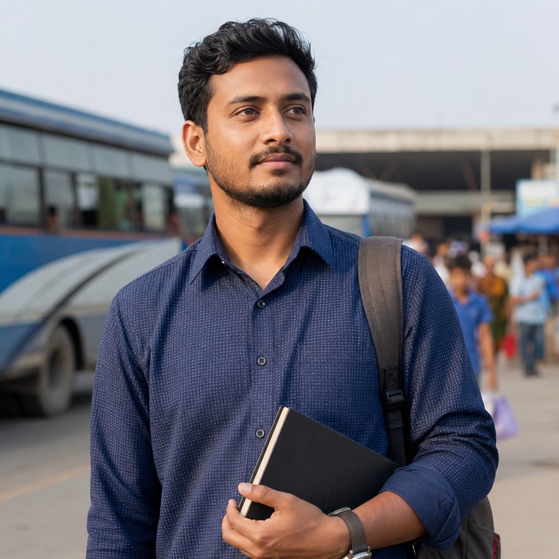 A young man waiting at a bus stop, holding a notebook and bag.
