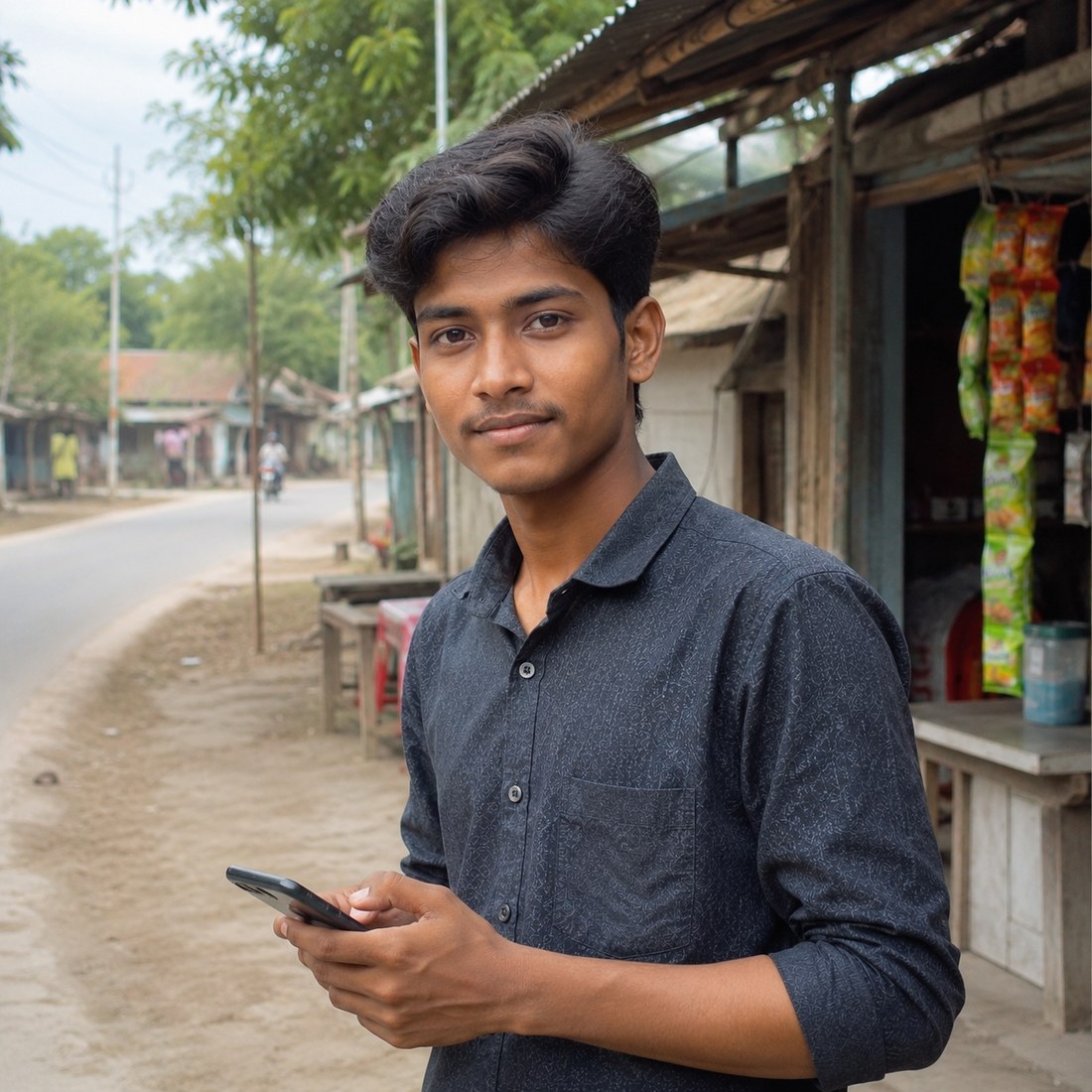 A young man standing on a village roadside, checking his phone, small shops behind him.