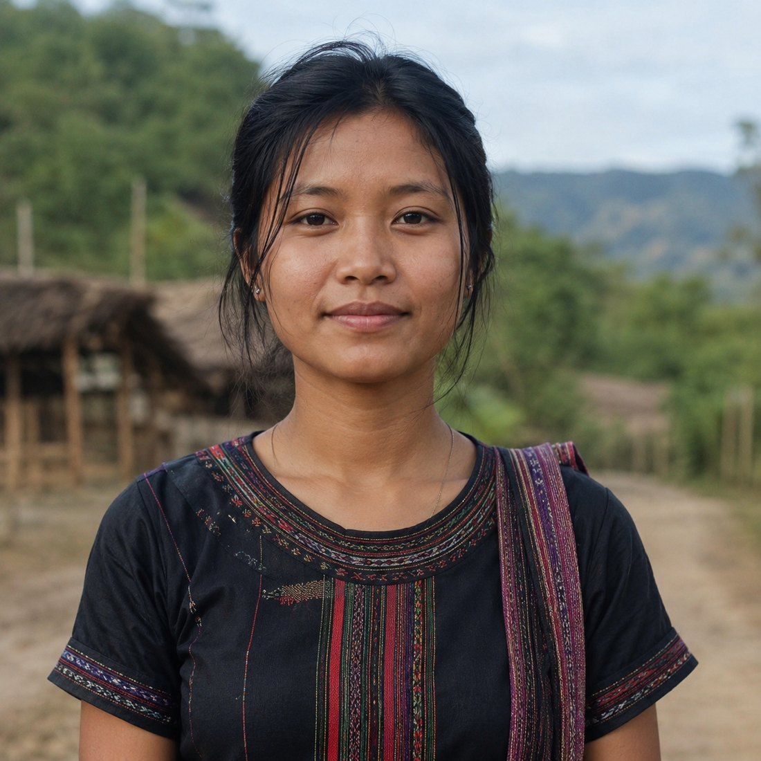 A young indigenous woman from Bangladesh's hill-tract region, in traditional dress, standing in her village.