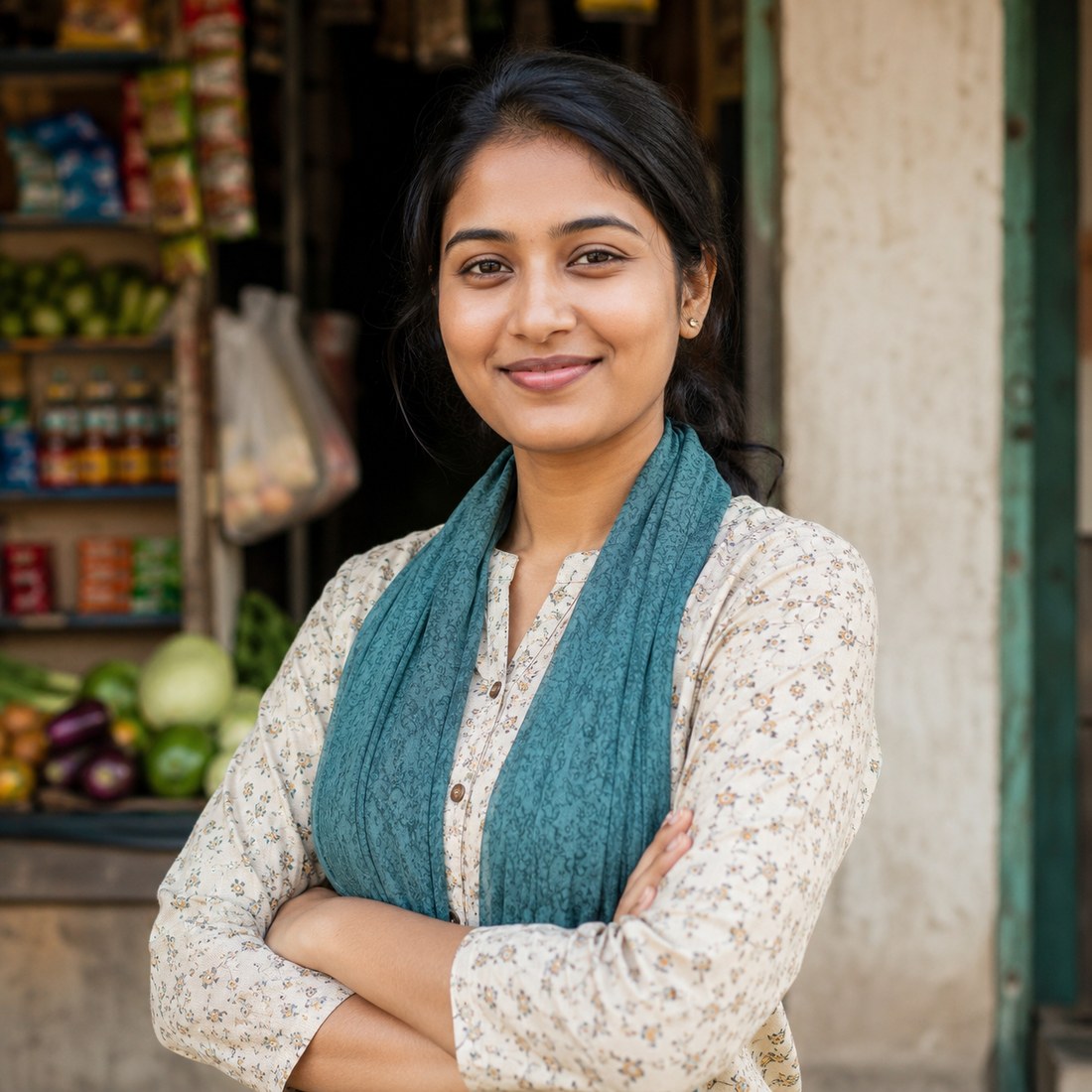 A young woman standing confidently with arms crossed in front of market stalls.
