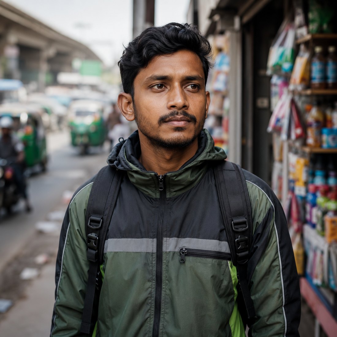 A young man standing on a city street, looking confidently at the camera.