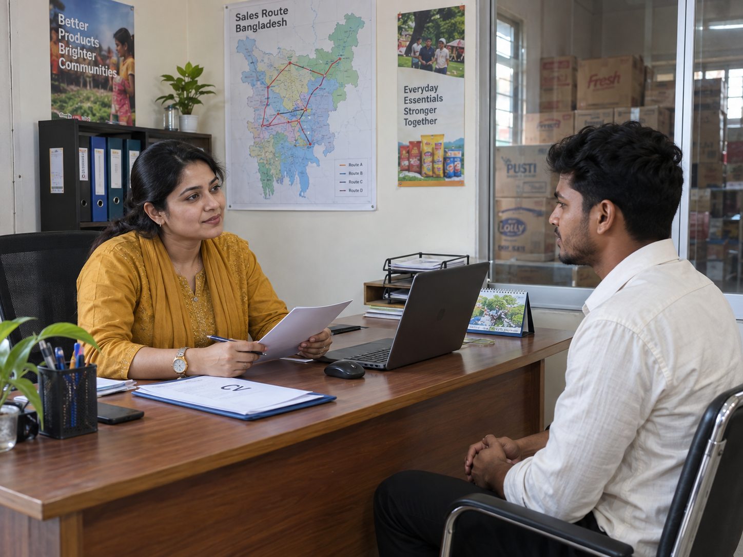 A recruiter and a frontline sales applicant discussing a CV in a Bangladeshi distribution office