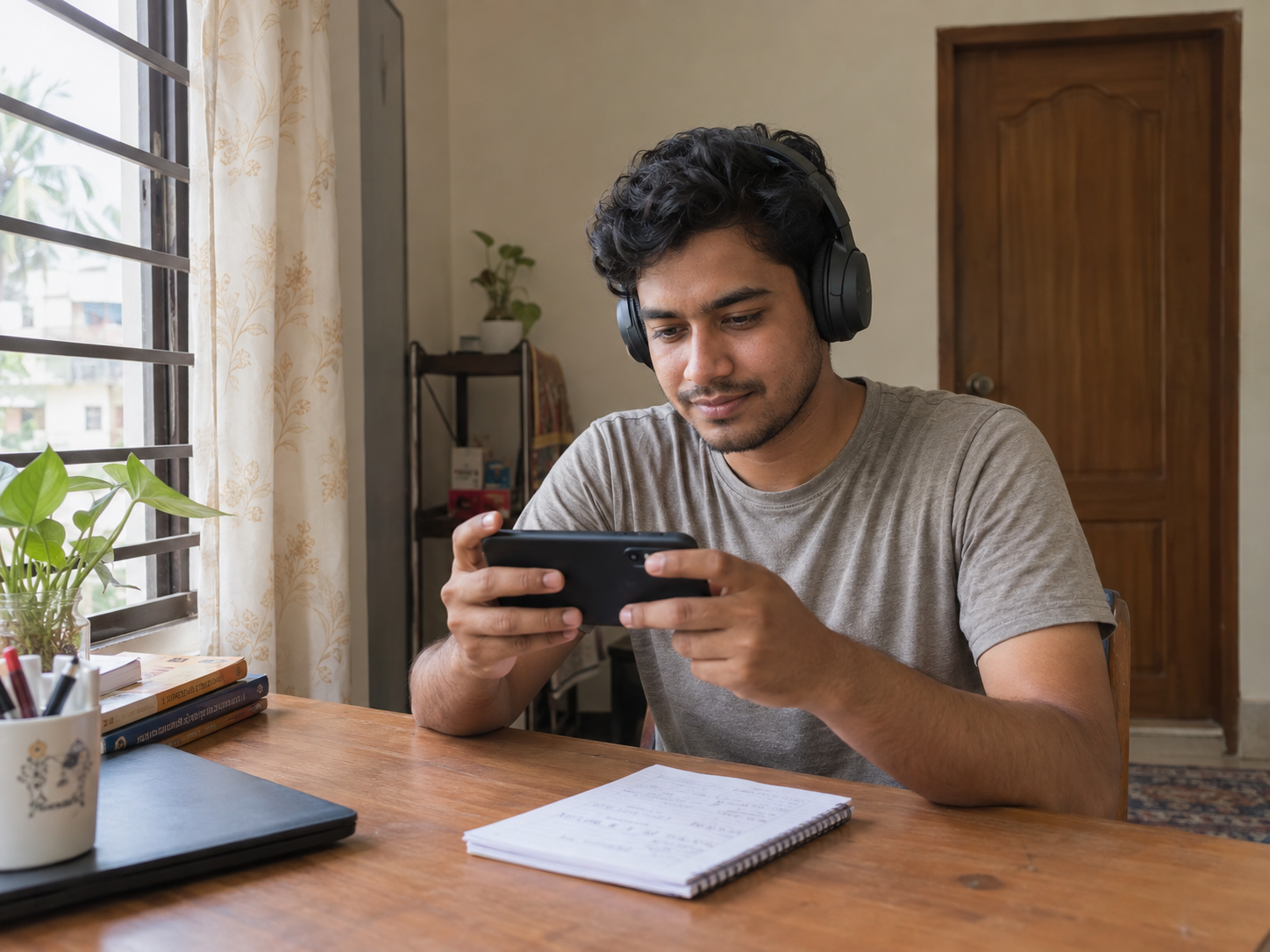 A fictional learner practising on a phone in a quiet room