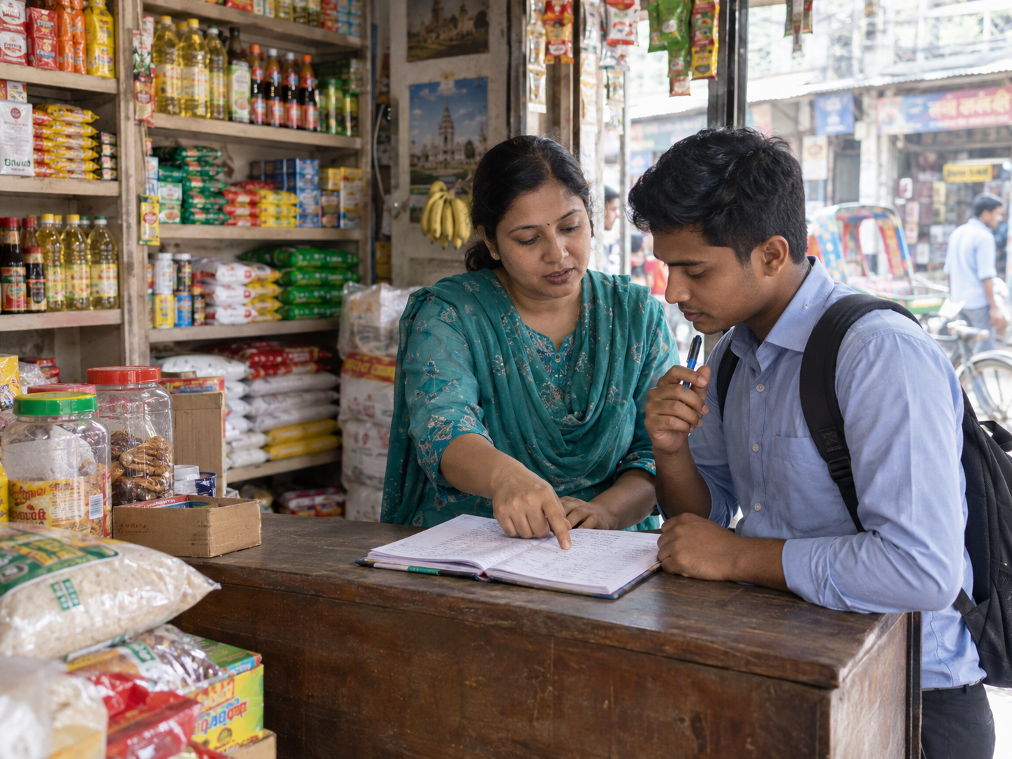 An experienced mentor guiding a new sales representative through an order notebook in a Bangladeshi grocery shop